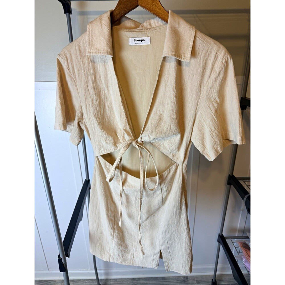 Showpo Cream Cutout Mini Dress US 4 Tie Front Collared Short Sleeve Ivory